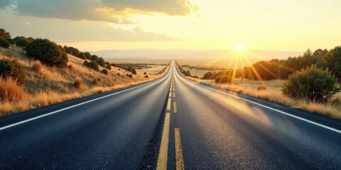Fototapeta premium Asphalt road stretching towards a vibrant sunset, lined with vegetation, promising a journey of exploration and discovery