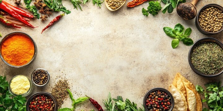 Assortment of vibrant Indian spices herbs and condiments arranged in circular layout on textured stone background with ample space for text