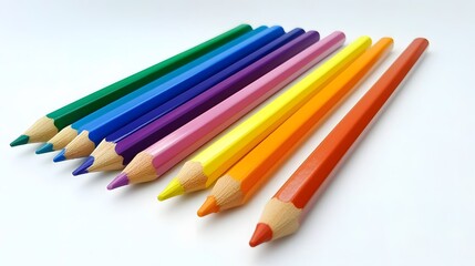 Fototapeta premium Colorful pencils arranged in a line, vibrant hues of blue, green, yellow, and red, perfect for artistic projects or crafts.