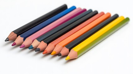 Fototapeta premium Colorful art pencils arranged neatly, various shades including blue, red, yellow, perfect for creative projects and illustrations.