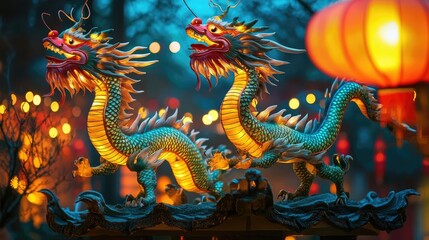 Fototapeta premium A pair of vibrant dragon sculptures, set against a backdrop of soft glowing lanterns, embodying cultural significance and festive spirit