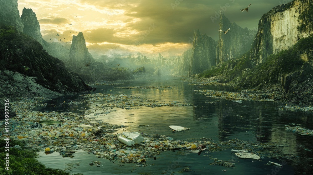 Poster a polluted river with waste and plastic debris flowing into the water, reflecting the environmental 
