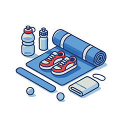 illustration of fitness equipment including running shoes, water bottles, yoga mat and towel