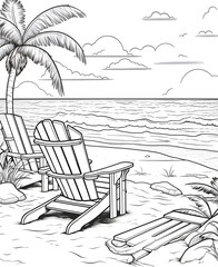 Beach vacation coloring page outline illustration, summer seaside umbrella and lounge chair drawing, tropical holiday relaxation scene for children, the person in the park, Palm Tree