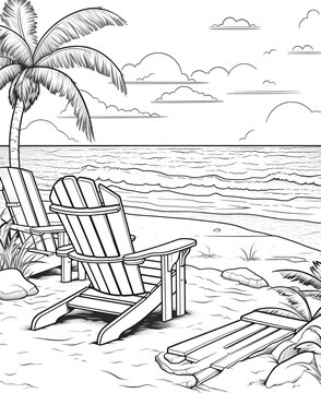 Beach vacation coloring page outline illustration, summer seaside umbrella and lounge chair drawing, tropical holiday relaxation scene for children, the person in the park, Palm Tree