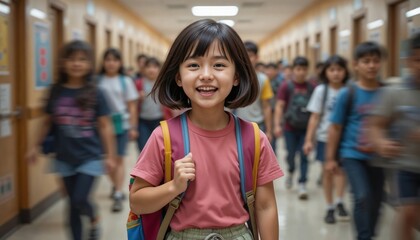Excited Asian girl in crowded school corridor, back to school.