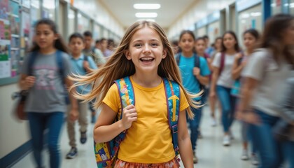 Excited little blonde girl at school hallway, back to school.