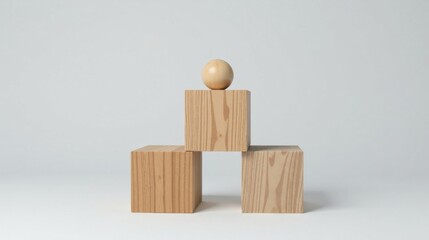 Simple wooden blocks and sphere arrangement on a white background, showcasing minimalist design and balance