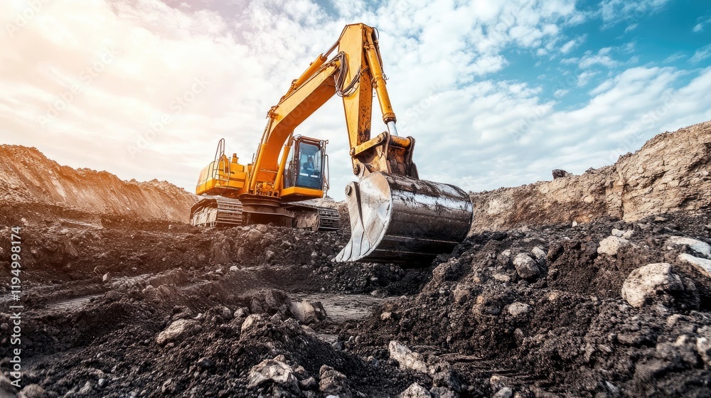 Aufkleber a powerful coal mining scene with heavy machinery like excavators in action, digging through layers 