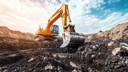 A powerful coal mining scene with heavy machinery like excavators in action, digging through layers of earth, showcasing the energy industry at work.
