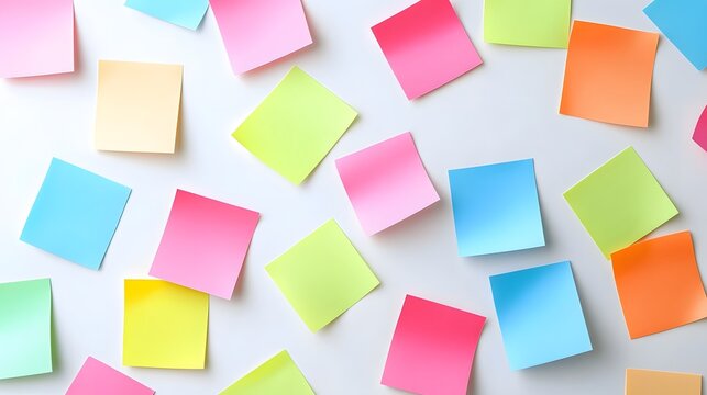 Colorful sticky notes scattered on a white surface, vibrant reminders for organization, ideal for brainstorming and planning.