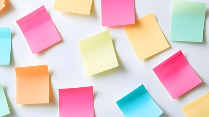 Fototapeta premium Colorful sticky notes scattered on a desk, vibrant post-it notes in various shades, perfect for brainstorming and organization.