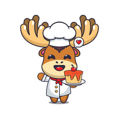 chef moose mascot cartoon character with cake.