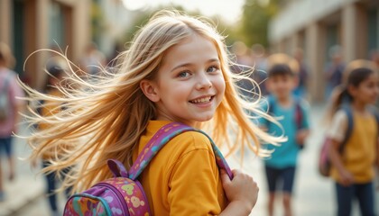 little girl looking back and smiles in schoolyard, back to school.