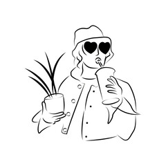 Drawing of a girl with glasses holding a flower and coffee. Scribble style illustration. Black and white doodle lines. Vector.