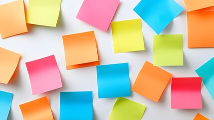 Colorful sticky notes scattered on a desk, vibrant reminders in pink, yellow, blue, orange, perfect for organization ideas.