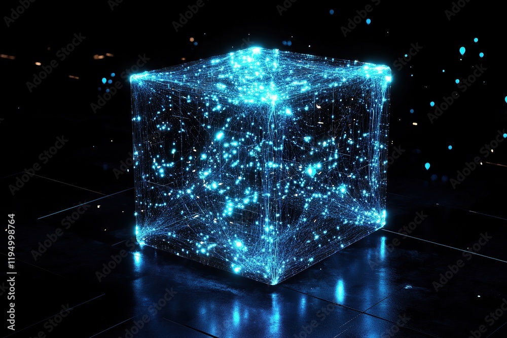 Poster 3d rendering of a futuristic cube with glowing light particles on a dark background