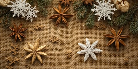 Winter holiday arrangement of golden anise stars and white snowflakes on a burlap background, accented by green pine branches and small natural elements.