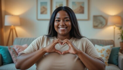 black obese woman making hands in heart shape