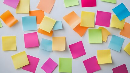 Colorful sticky notes scattered on a surface, vibrant assortment of pastels and brights, perfect for brainstorming ideas.
