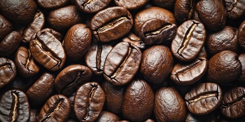 Fototapeta premium Rich brown roasted coffee beans densely arranged in a flat pattern with varied textures and shapes creating a warm, inviting background.