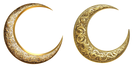 Set of a moon with Islamic pattern, brass material, isolated on transparent background.
