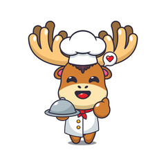 chef moose mascot cartoon character with dish.