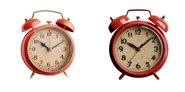  Set of a Red alarm clock, isolated on transparent background.