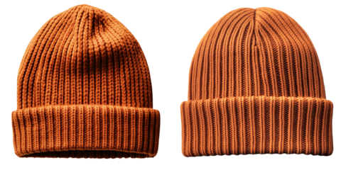 Set of a Rust Orange ribbed beanie hat, isolated on transparent background.