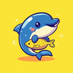 Happy dolphin holding fish, ocean background, cute cartoon illustration, kids book