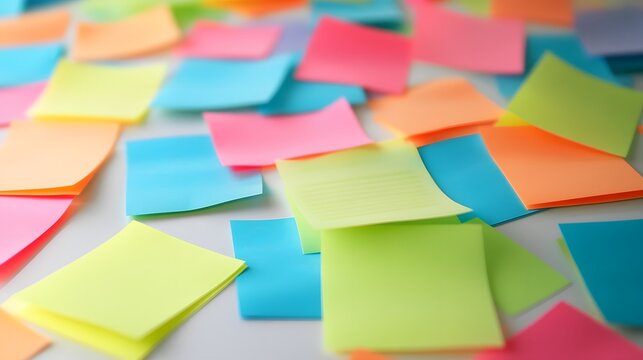Colorful sticky notes scattered on a surface, vibrant reminders in varying sizes and colors, perfect for organization and brainstorming.