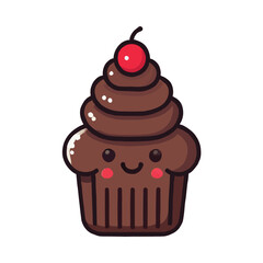 cartoon of a chocolate cupcake with a cherry on top in white background