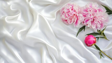 Fototapeta premium Flat Lay Banner Featuring a Bouquet of Pink Peonies on White Fabric: Spring Greeting Card Design with Copy Space for World Women's Day, Mother's Day, Valentine's Day, Birthday, and Wedding Concepts.