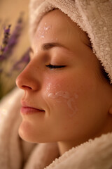 Fototapeta premium Serene Woman Embracing Tranquility at a Luxurious Spa Retreat, Exuding Elegance and Peaceful Relaxation in a Calm Wellness Sanctuary