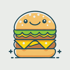 cartoon burger mascot with cheese, lettuce, sesame seeds
