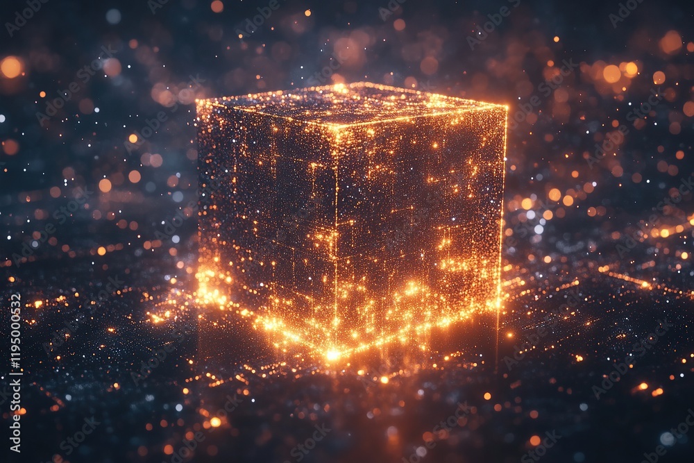 Poster 3d rendering of a futuristic cube with glowing light particles on a dark background