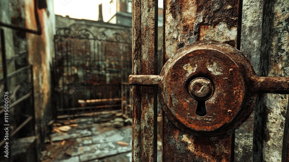Poster a rusty lock secures a weathered metal gate, surrounded by the decay of urban life, evoking a sense 