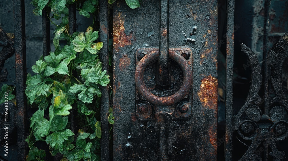 Poster a rusty lock secures a weathered metal gate, surrounded by the decay of urban life, evoking a sense 