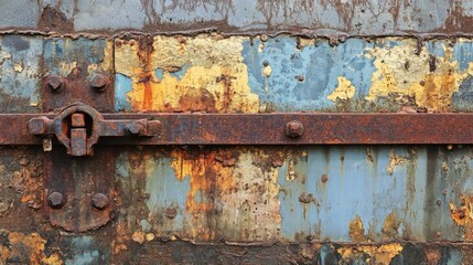 A rusty lock secures a weathered metal gate, symbolizing the quiet decline of urban spaces and the wear and tear of time.