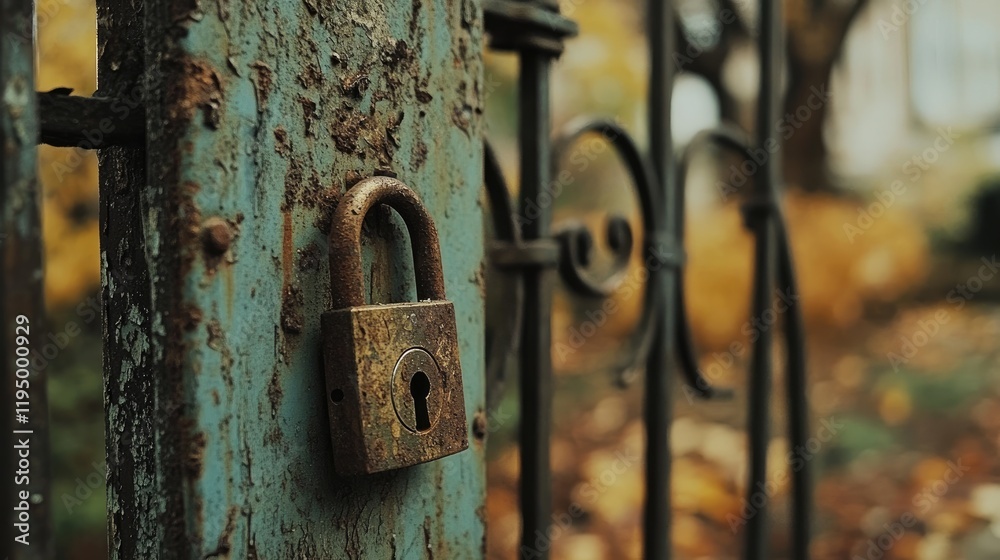 Poster a rusty lock secures a weathered metal gate, symbolizing the quiet decline of urban spaces and the w