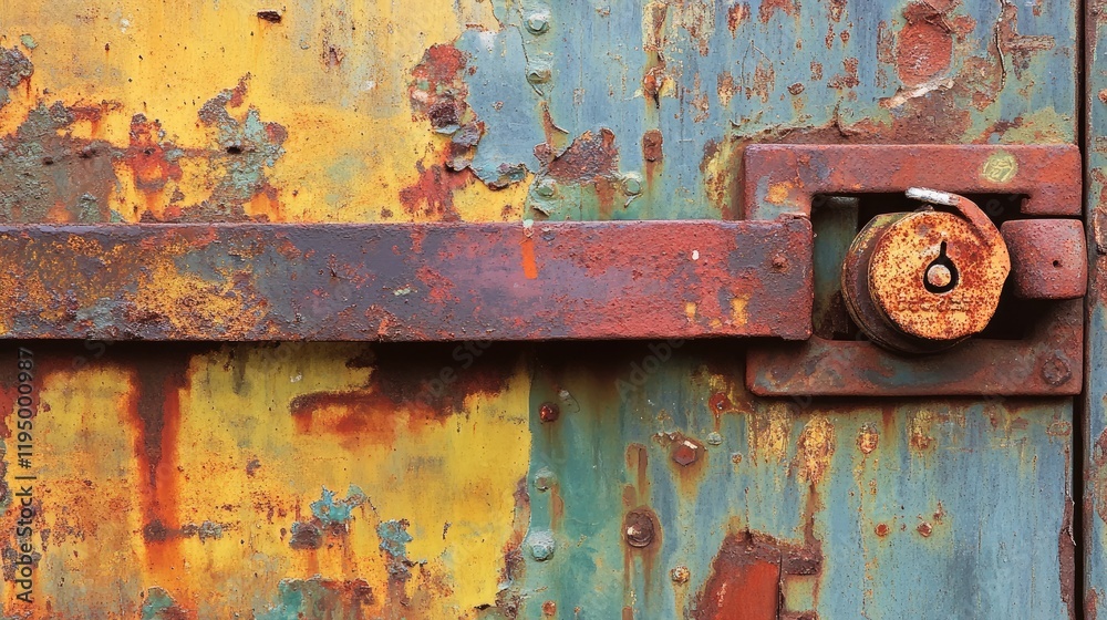 Poster a rusty lock secures a weathered metal gate, symbolizing the quiet decline of urban spaces and the w