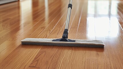 Close-up of a mop cleaning a shiny hardwood floor.
