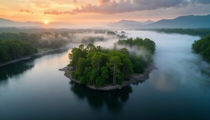Bird&rsquo;s-eye view of forest island in wide river with morning mist