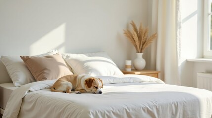 A peaceful canine companion rests on a pristine white bed, bathed in the soft glow of sunlight streaming through a nearby window, creating a serene and calming atmosphere in a minimalist bedroom