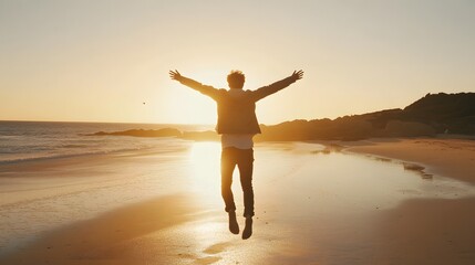 Fototapeta premium Young man joyfully jumping against the backdrop of a breathtaking sunset on a tranquil beach