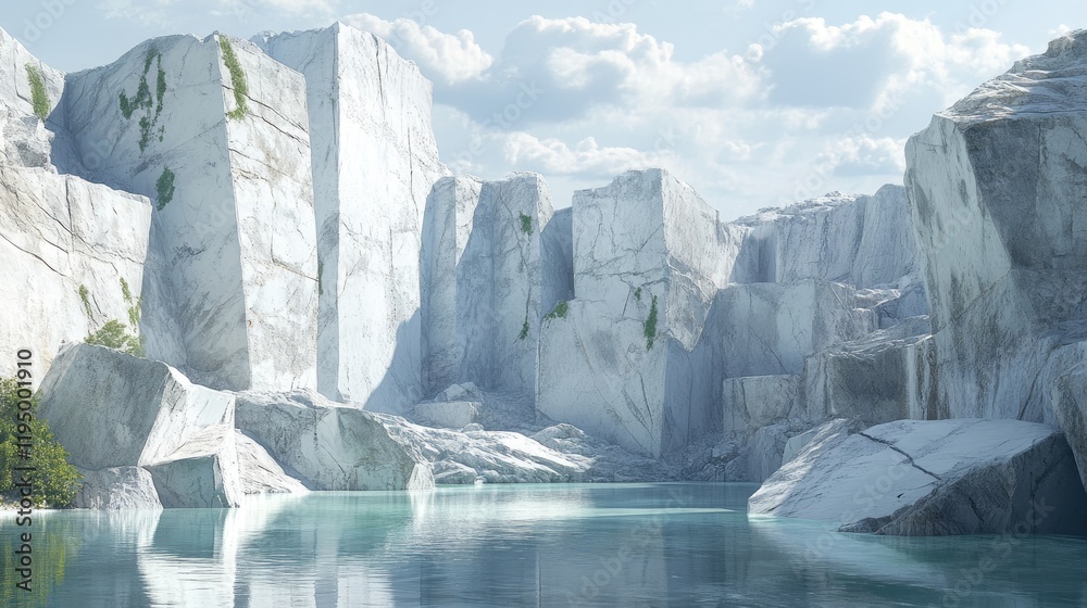 Poster A serene view of large white marble rocks in an empty quarry, highlighting their smooth edges and natural beauty in the context of marble mining.