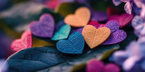 Fototapeta premium Colorful EVA hearts in purple, yellow, and teal arranged on a lilac leaf with blurred floral background in selective focus from above.