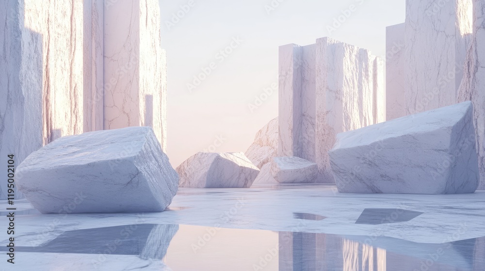 Poster A serene view of large white marble rocks in an empty quarry, highlighting their smooth edges and natural beauty in the context of marble mining.