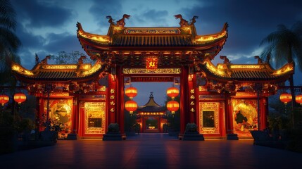 Naklejka premium A grand Chinese temple gate illuminated by bright lanterns and adorned with gold and red decorations for Chinese New Year.