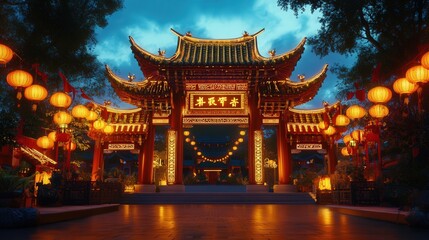 Fototapeta premium A grand Chinese temple gate illuminated by bright lanterns and adorned with gold and red decorations for Chinese New Year.